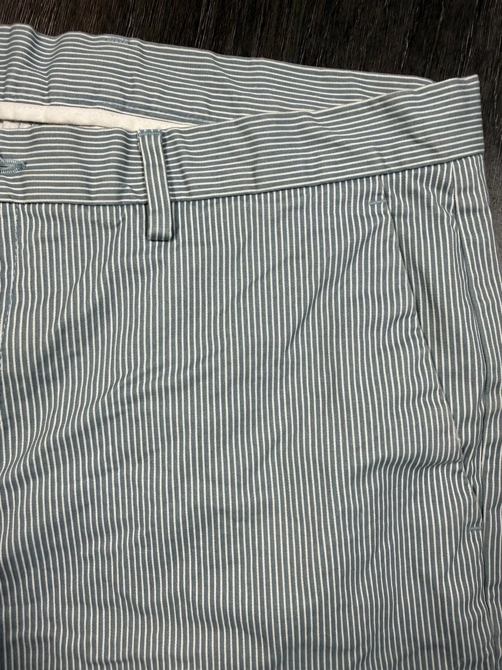 Michael Kors Men’s Light Blue and White Pinstripe Flat-Front Shorts